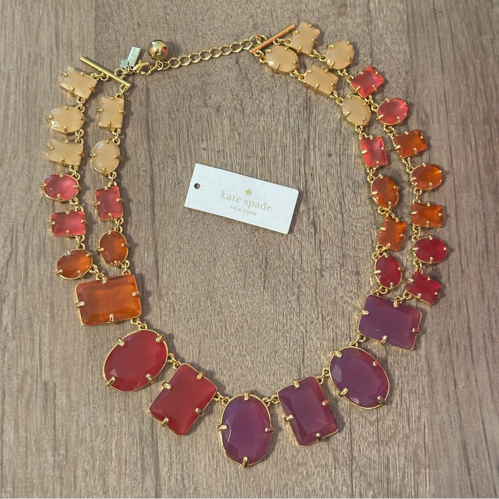 NWT Kate Spade Purple, Pink, Orange Glass Stone 14 K Gold Plated Necklace